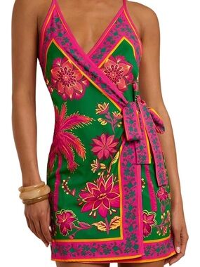 NWT Bright Tropical Floral Wrap Mini Dress Pink & Green Adjustable Straps-Medium